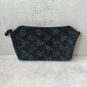 Vintage Beaded Clutch Zipper Purse Japan Iridescent Blue Elegant Evening Bag